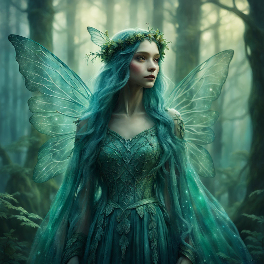 Whimsical Fairy Stands in Lush Enchanted Forest