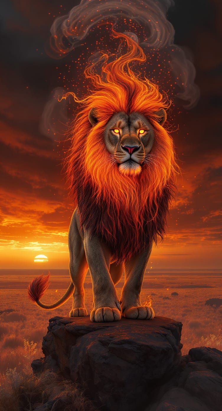 Fiery Lion Overlooking Savanna, Hyperrealistic Digital Art