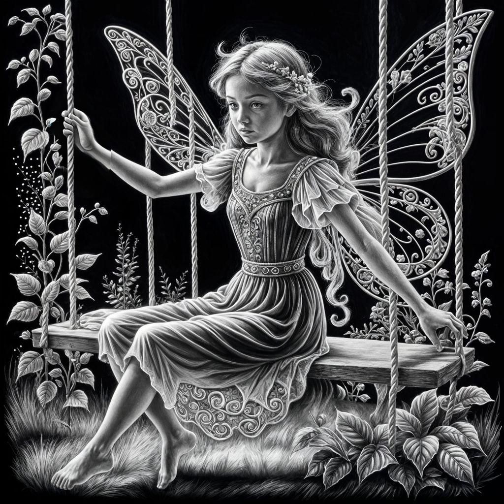Detailed Chalk Drawing of Fairy on Swing