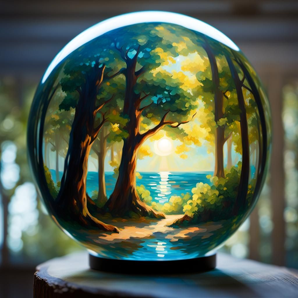 Ocean Forest in Glass Orb, Neo-Impressionist Style