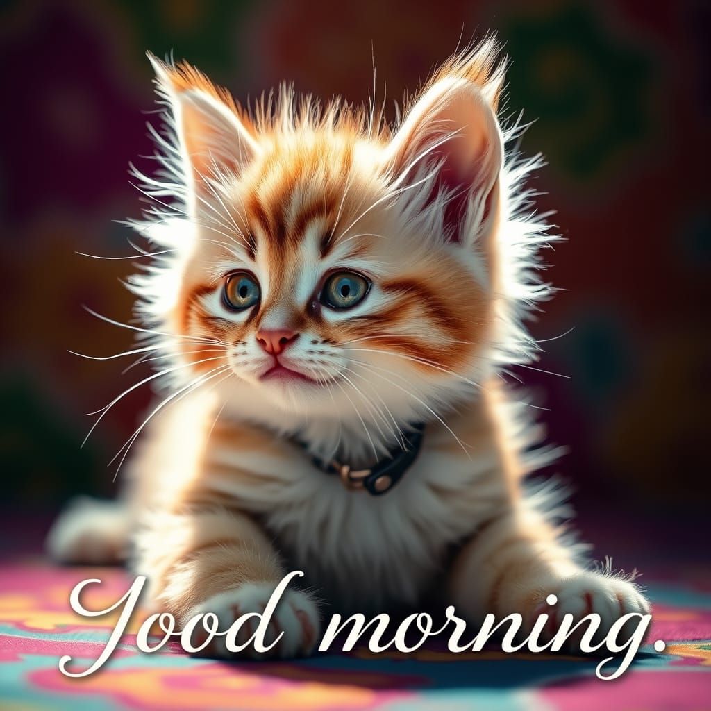 Fluffy Kitten Stretching with 'Good Morning' Inscription