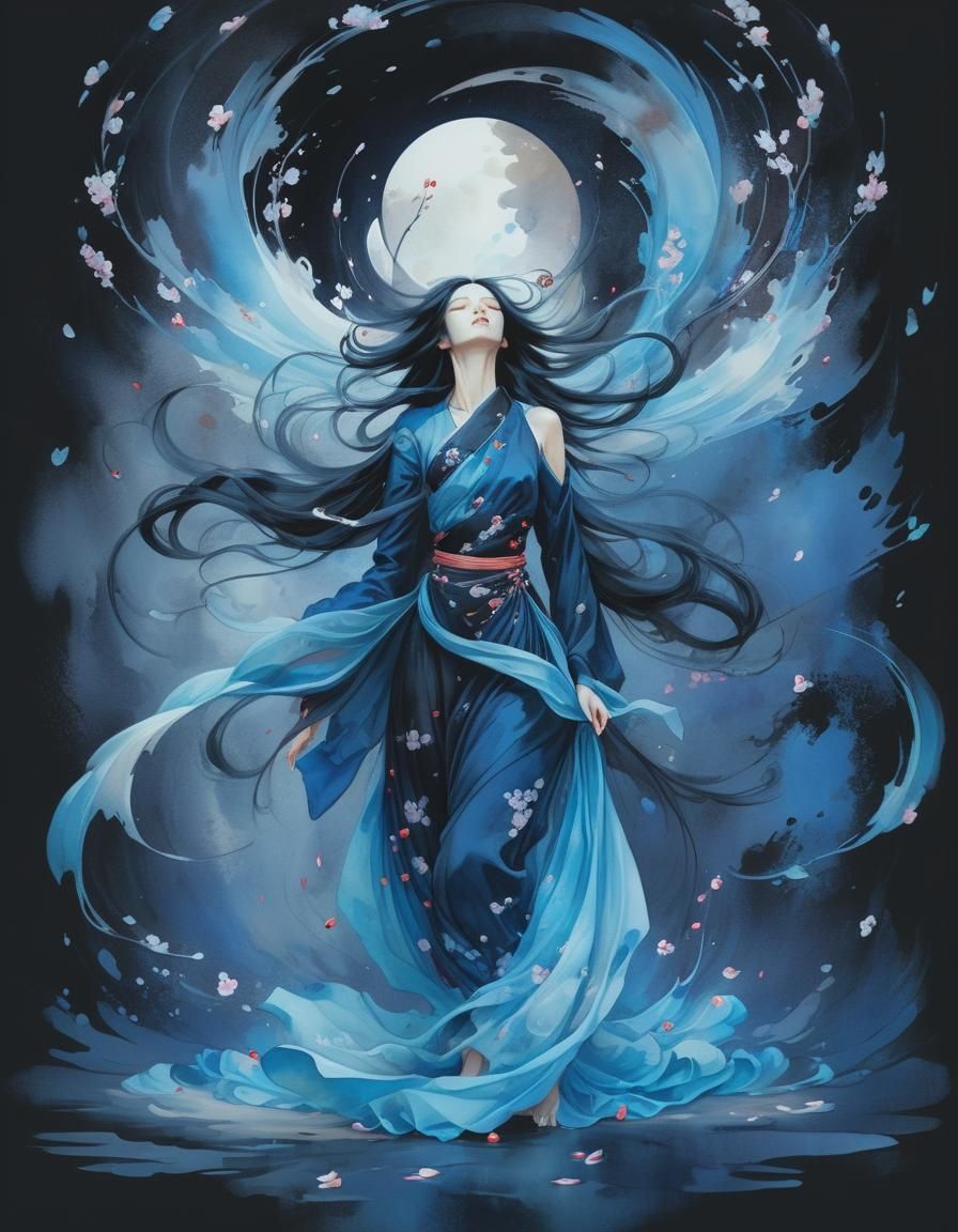 Girl with Cherry Blossoms in Alcoholic Watercolor