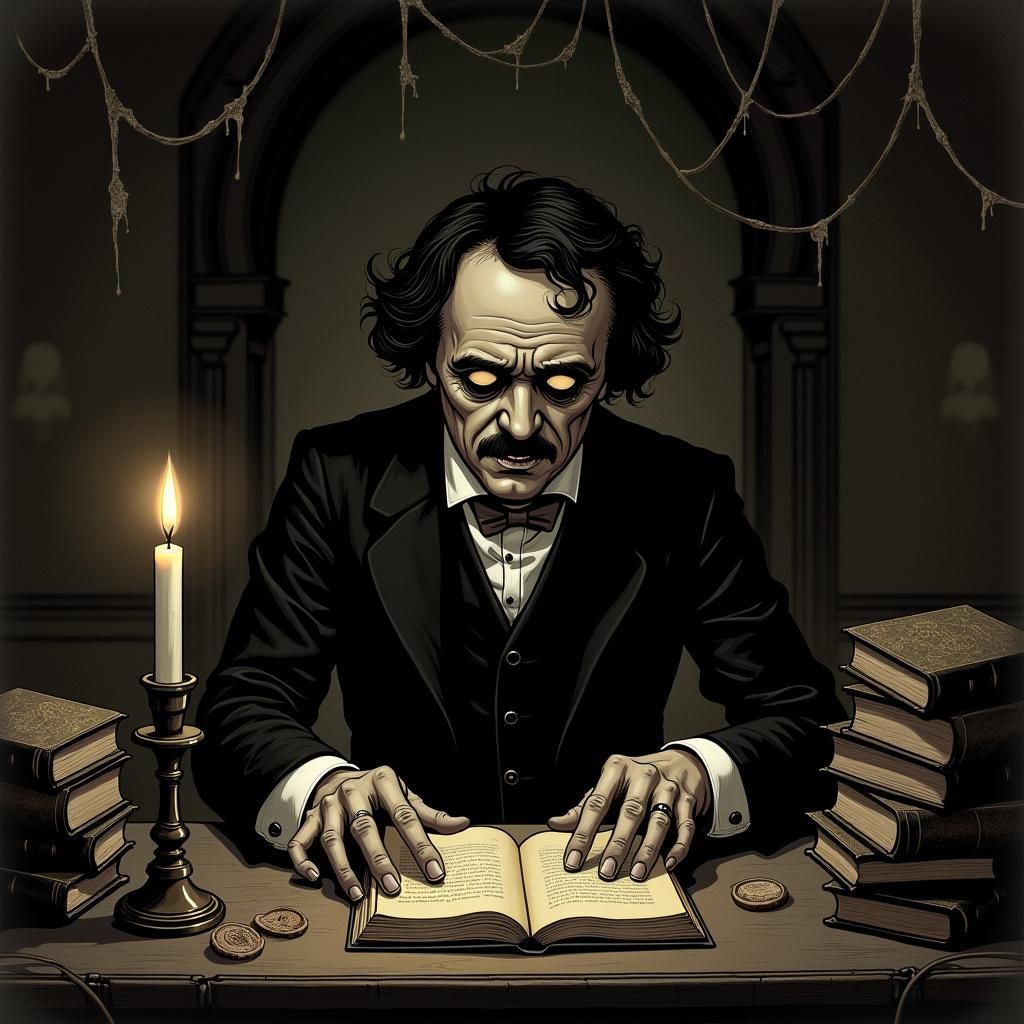 Guilt-Ridden Man in Gothic Chamber as Surreal Illustration