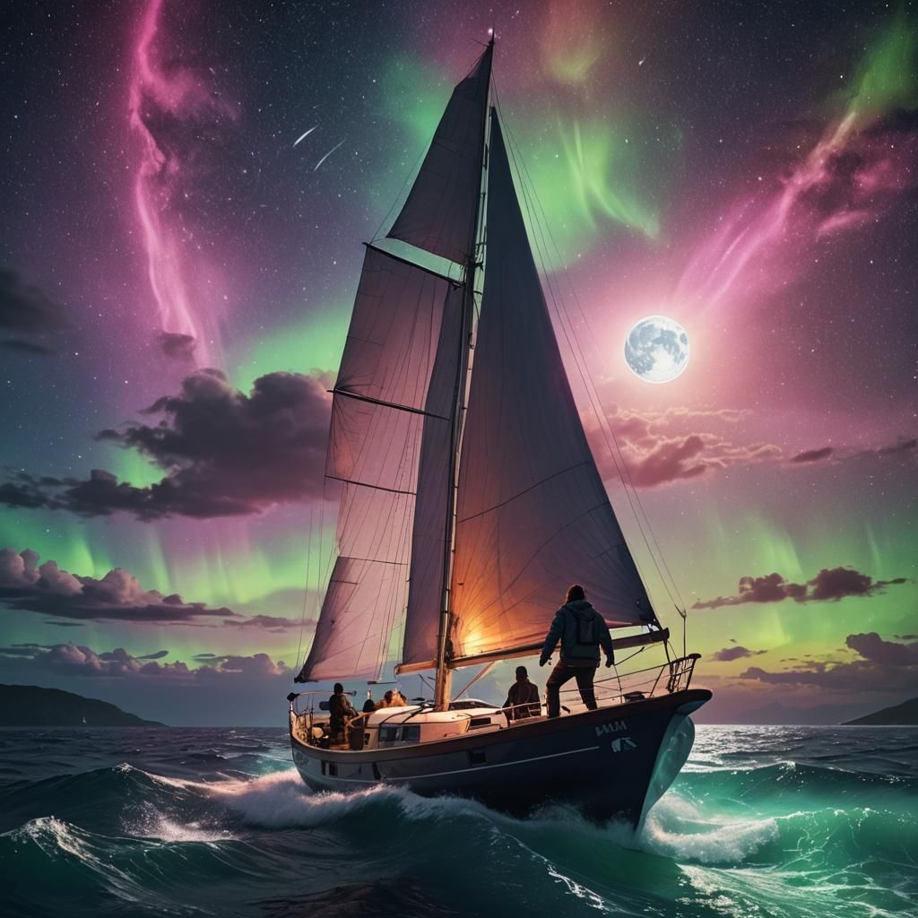 Moonlit Catamaran Sailboat Under Northern Lights