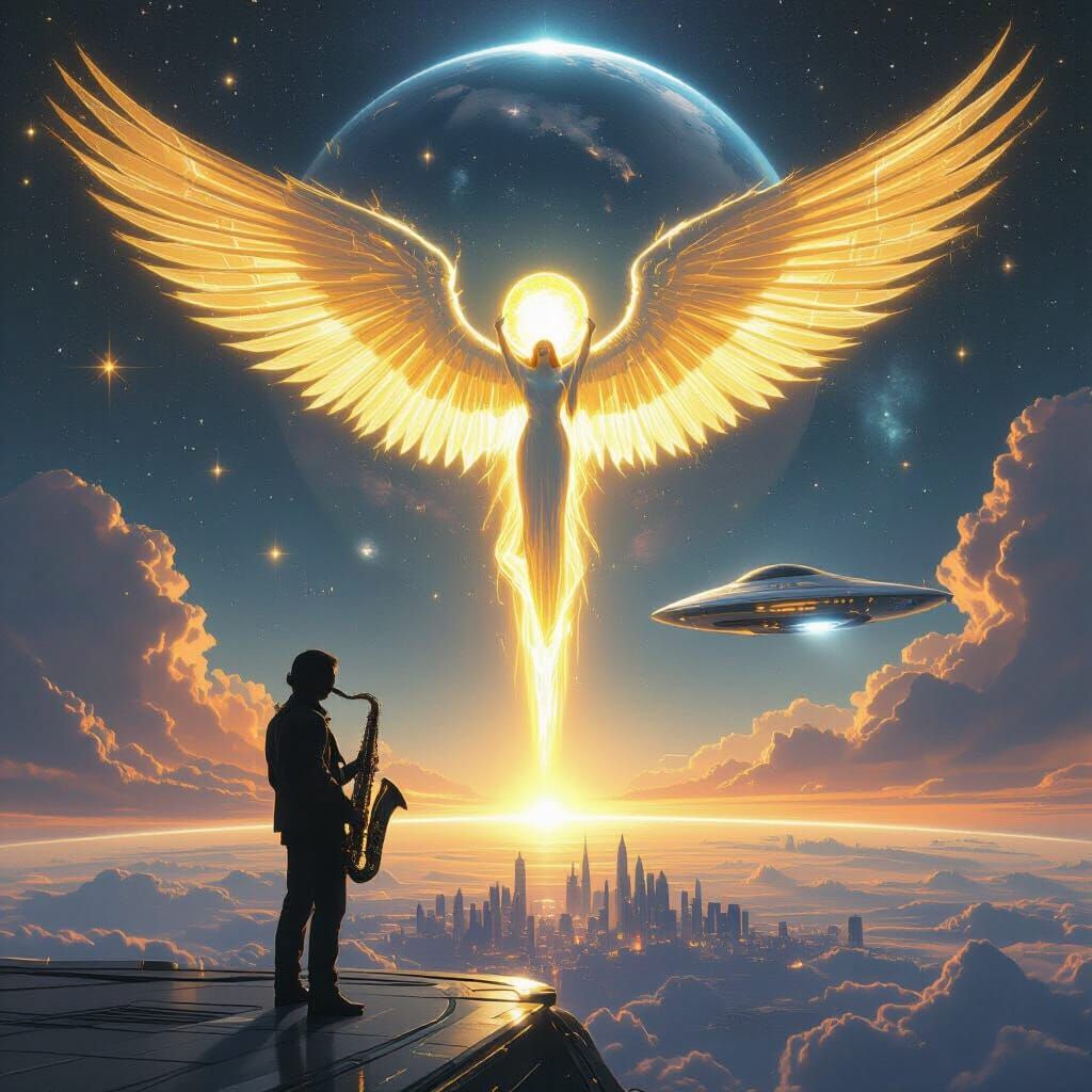 Saxophone Player with Angel of Light in Space