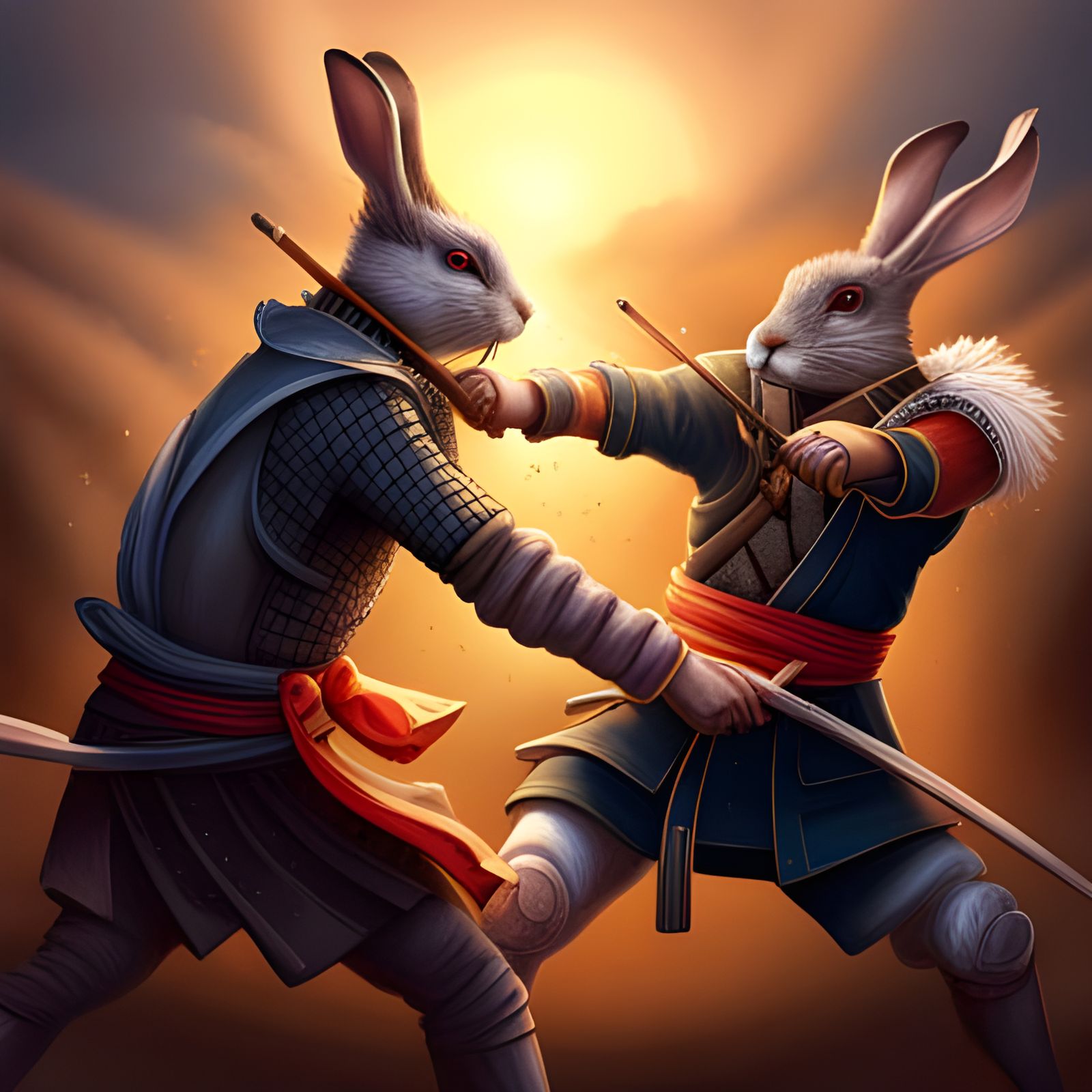 Samurai Rabbit Versus Ninja Rabbit: Hyperrealistic Art