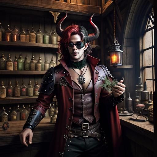Steampunk Demon Alchemist Grinding Herbs in Shop