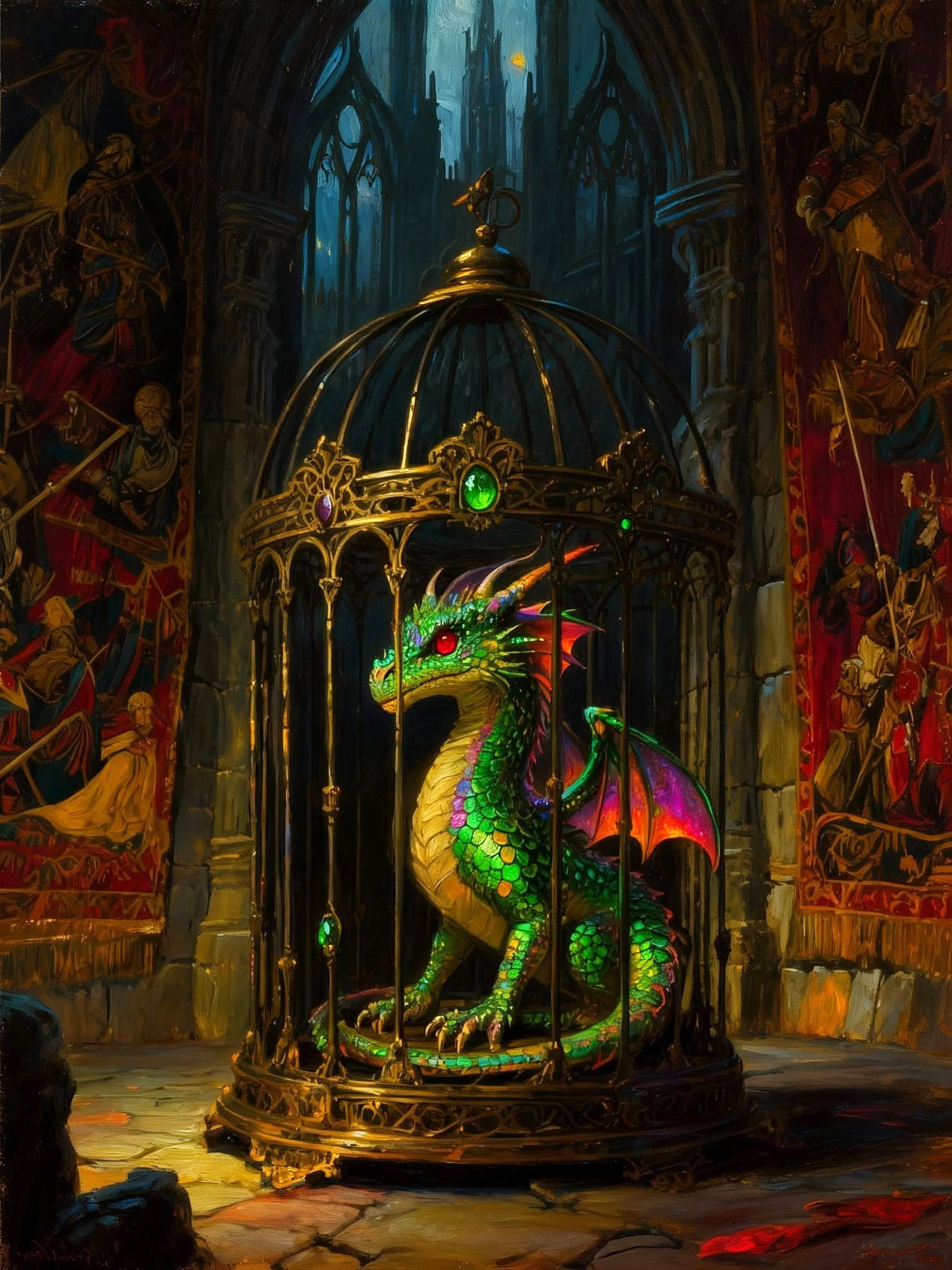 Iridescent Dragon Trapped in Gothic Castle Birdcage