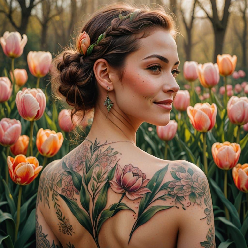 Surreal Portrait of a Woman with Tulip Tattoos in a Soft Imp...