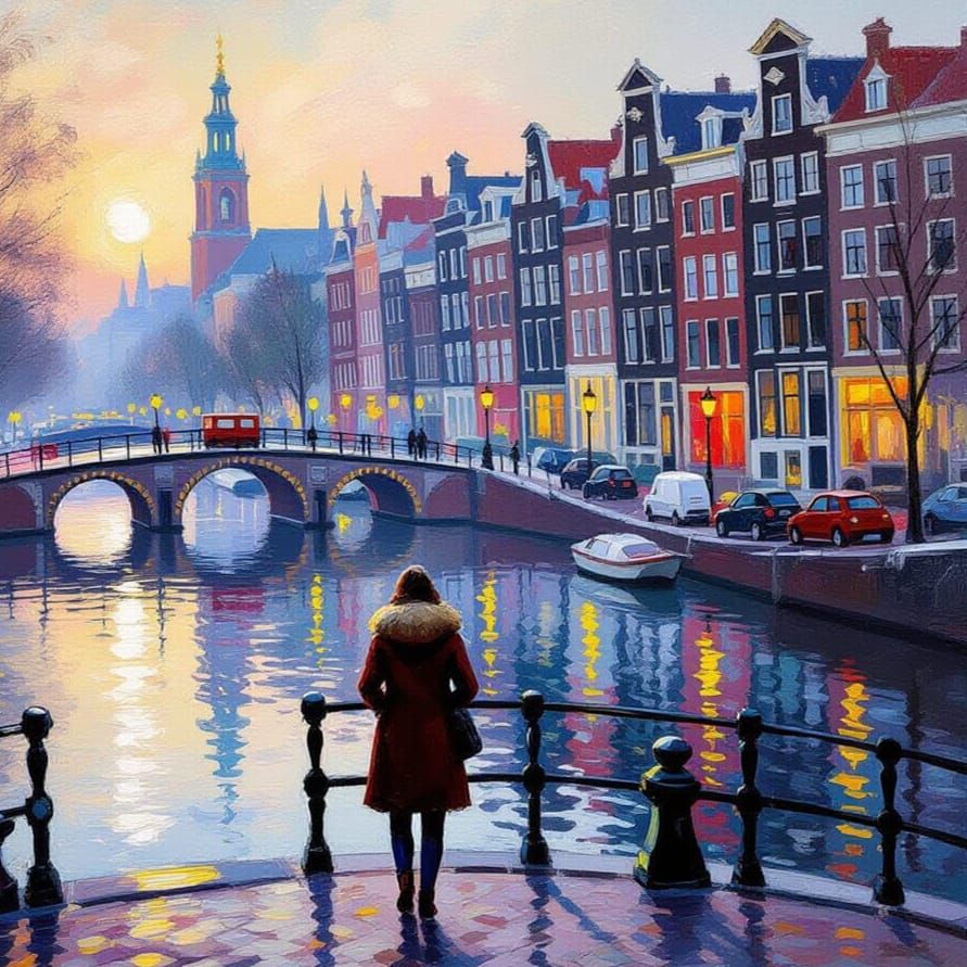 Misty Amsterdam Canal at Dawn in Impressionistic Style