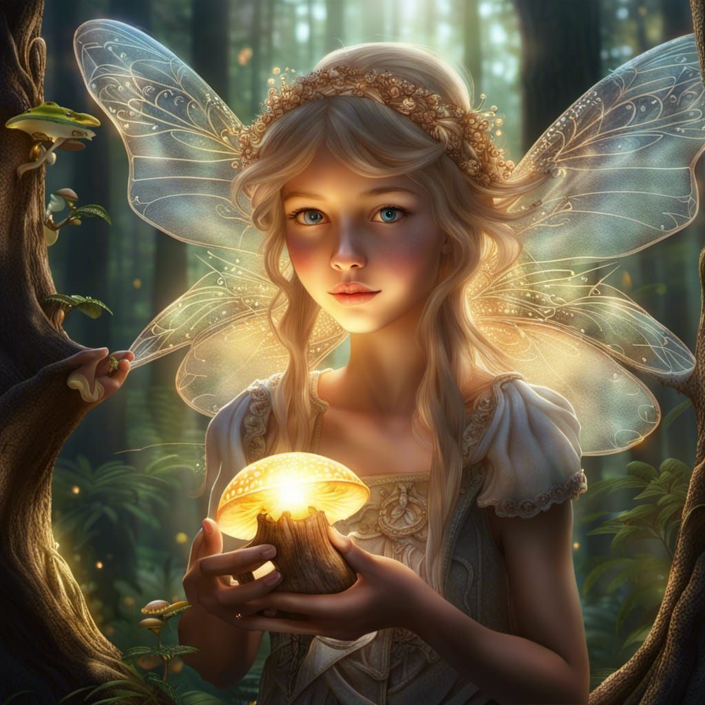 Winged Fairy with Mushroom Lantern in Hyperdetailed 3D