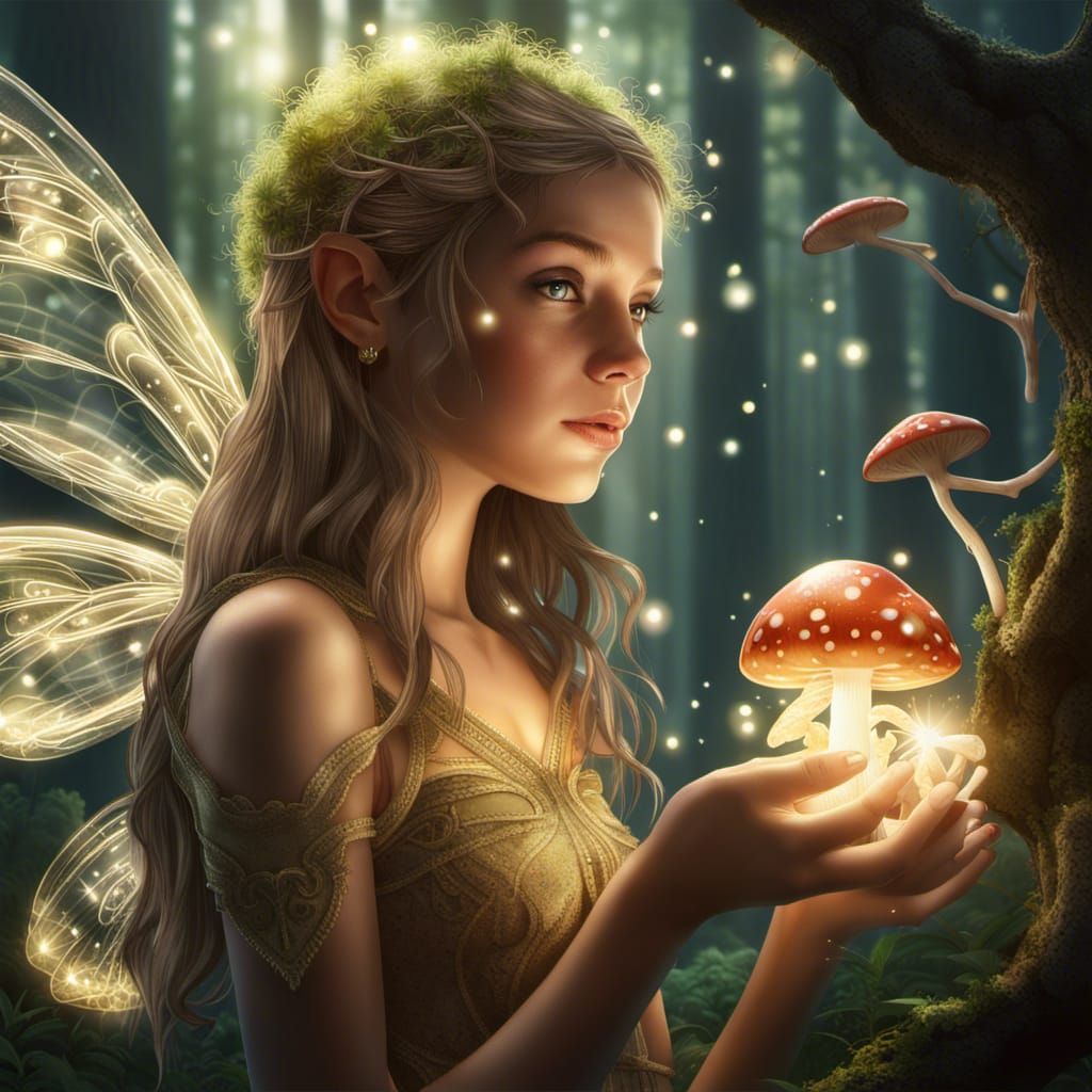 Winged Tree Fairy with Frog-Mushroom in Bioluminescent Fores...