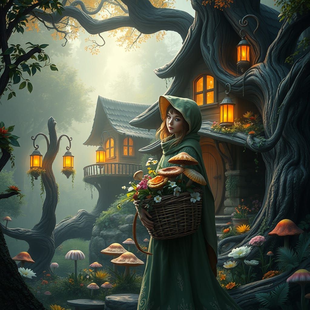 Whimsical Forest Maiden in Enchanted Treehouse