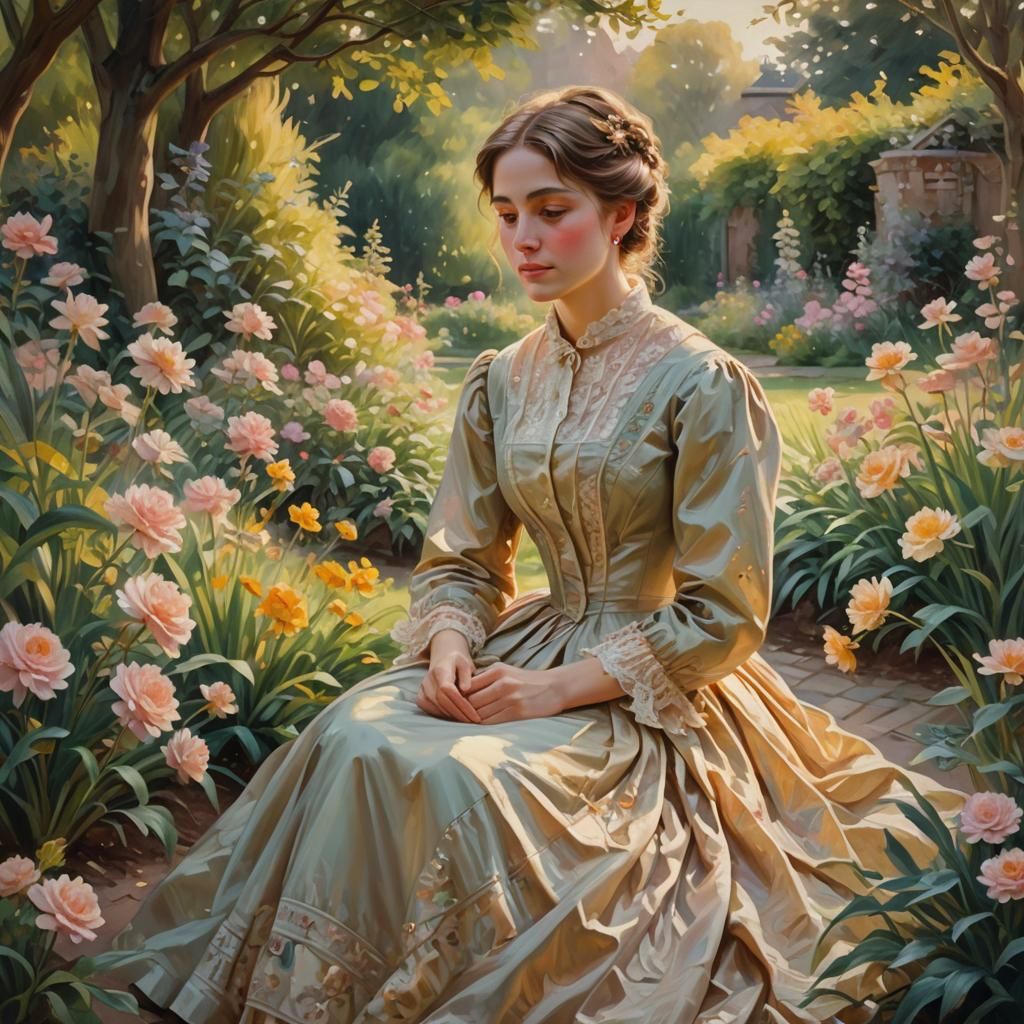 Impressionist Oil Painting of Woman in Garden