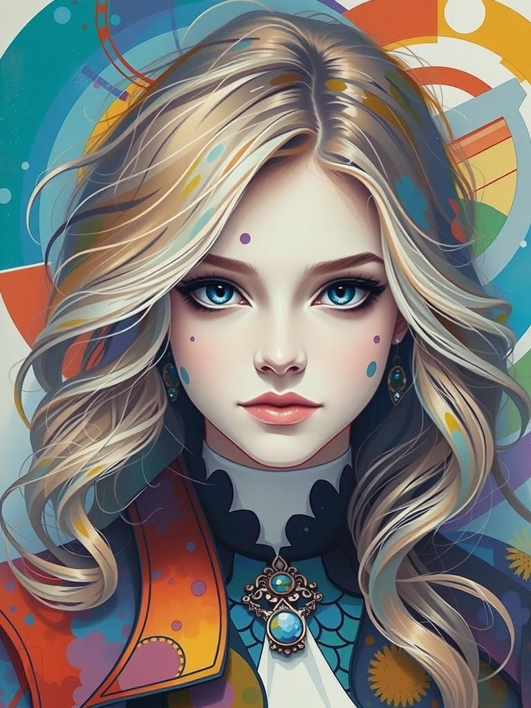 Woman in Art Nouveau Gown with Geometric Background