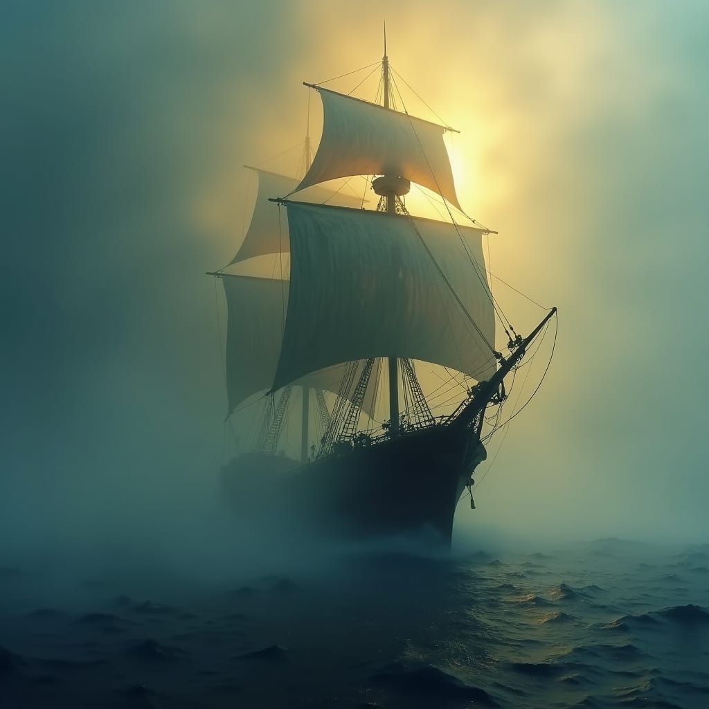 Pirate Ship Emerges from Thick Fog in Mysterious Seascape