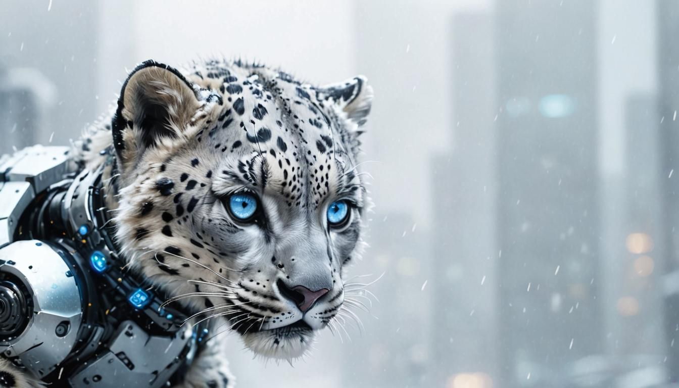 Snow Leopard Cyborg Kitten in a Sci-Fi Cityscape