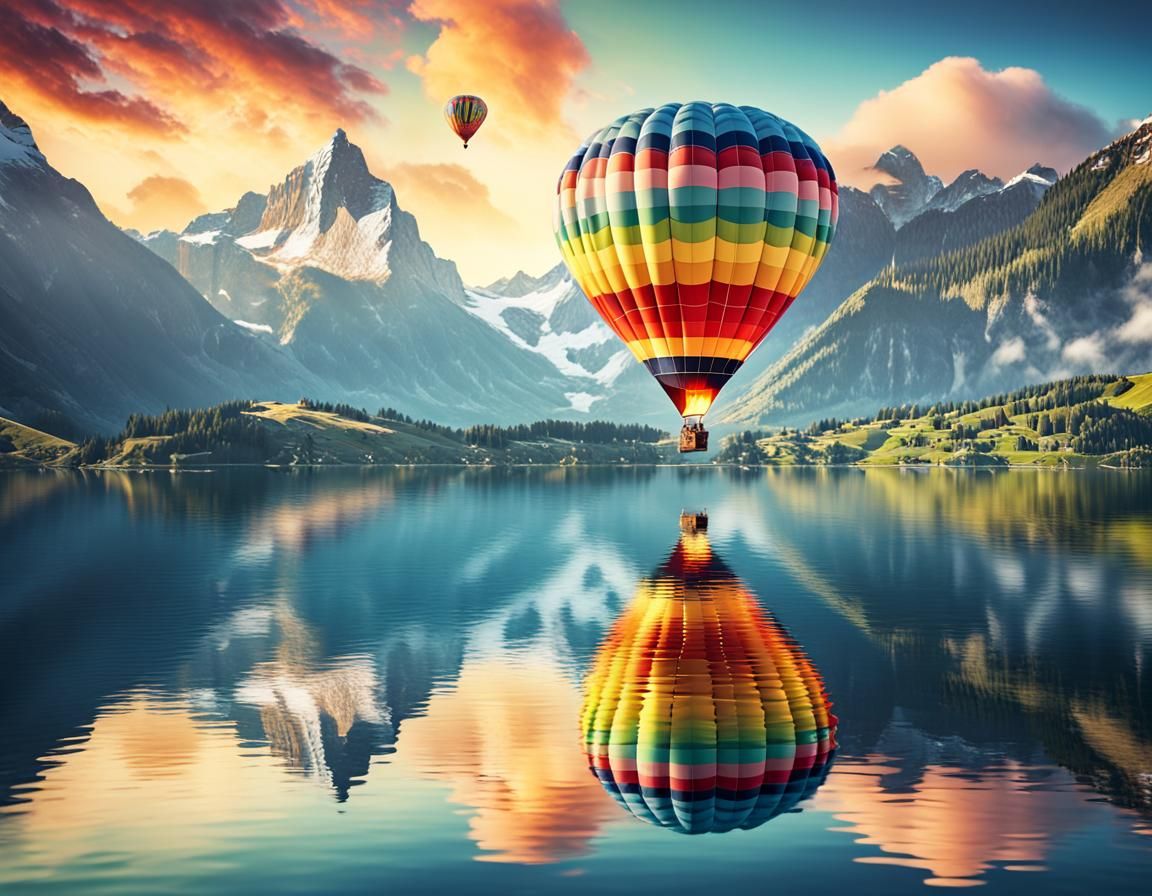Colorful Hot Air Balloon Over Swiss Lake