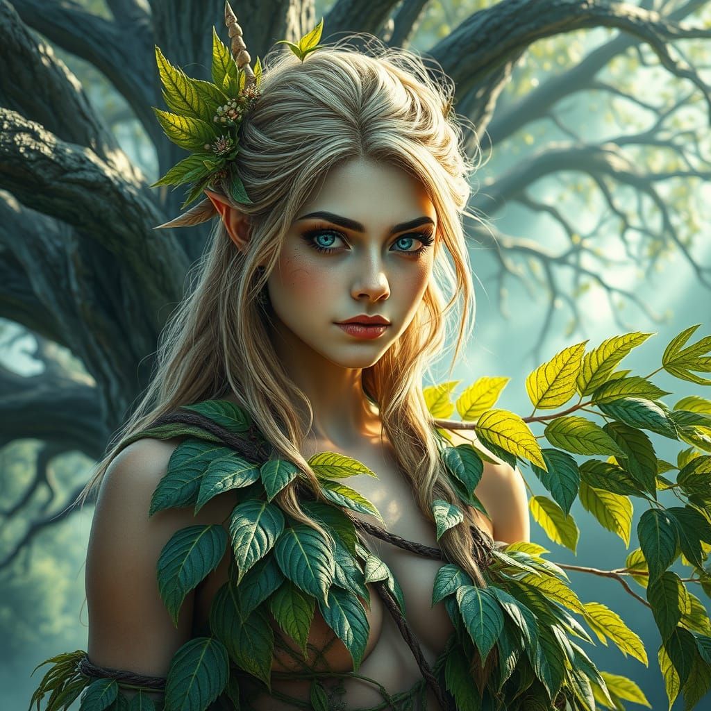 Epic Fantasy Druidess with Leaves and Brilliant Eyes