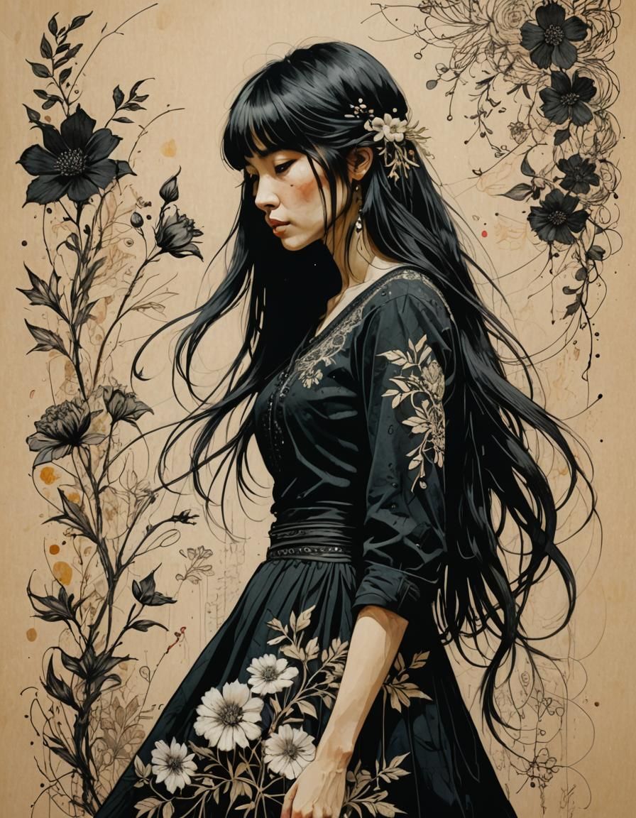 Woman with Flowers and Paper Texture, Hyperrealistic Drawing