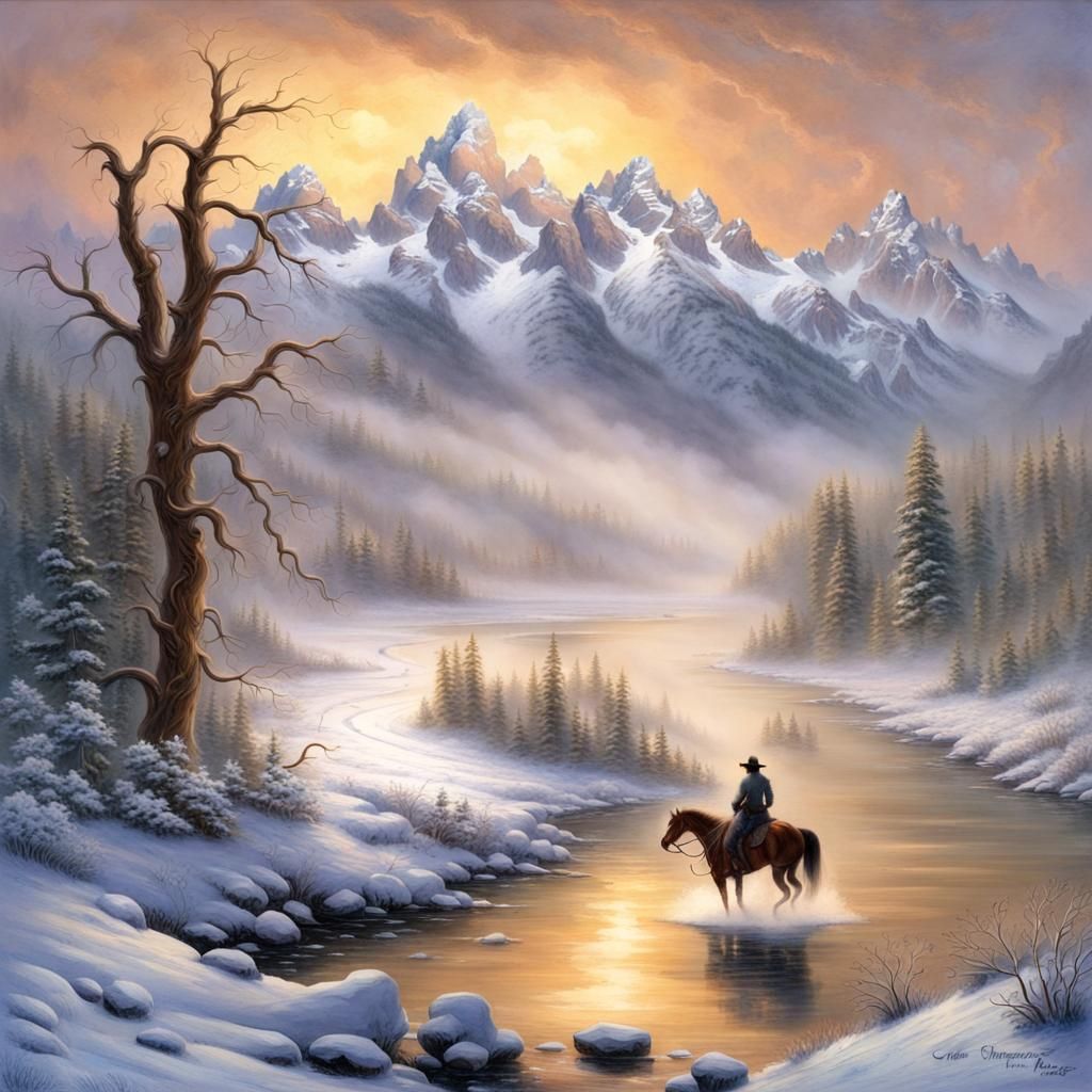 Cowboy Rides Through Winter Landscape by River