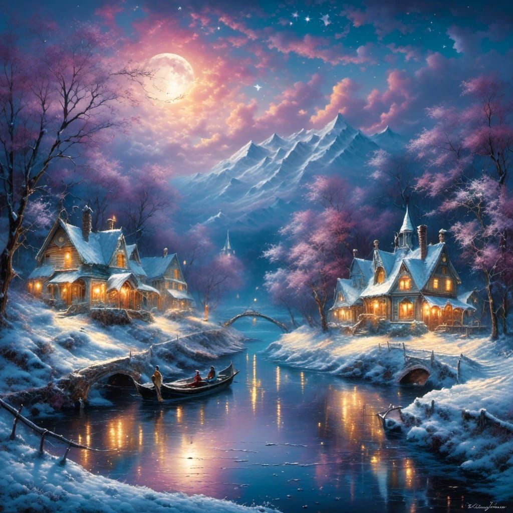Moonlit Winter Riverscape Reflecting Starry Night