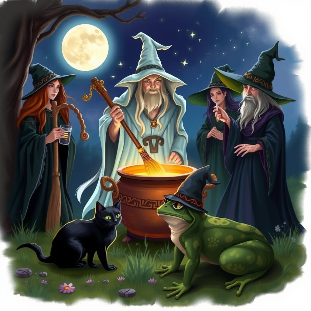 Witches Coven Gathered in Moonlit Glade