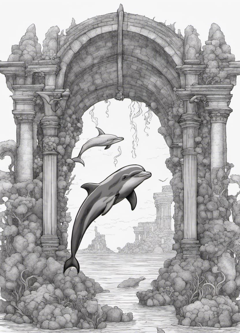 Dolphin in Underwater Ruins Coloring Page: Vector Art