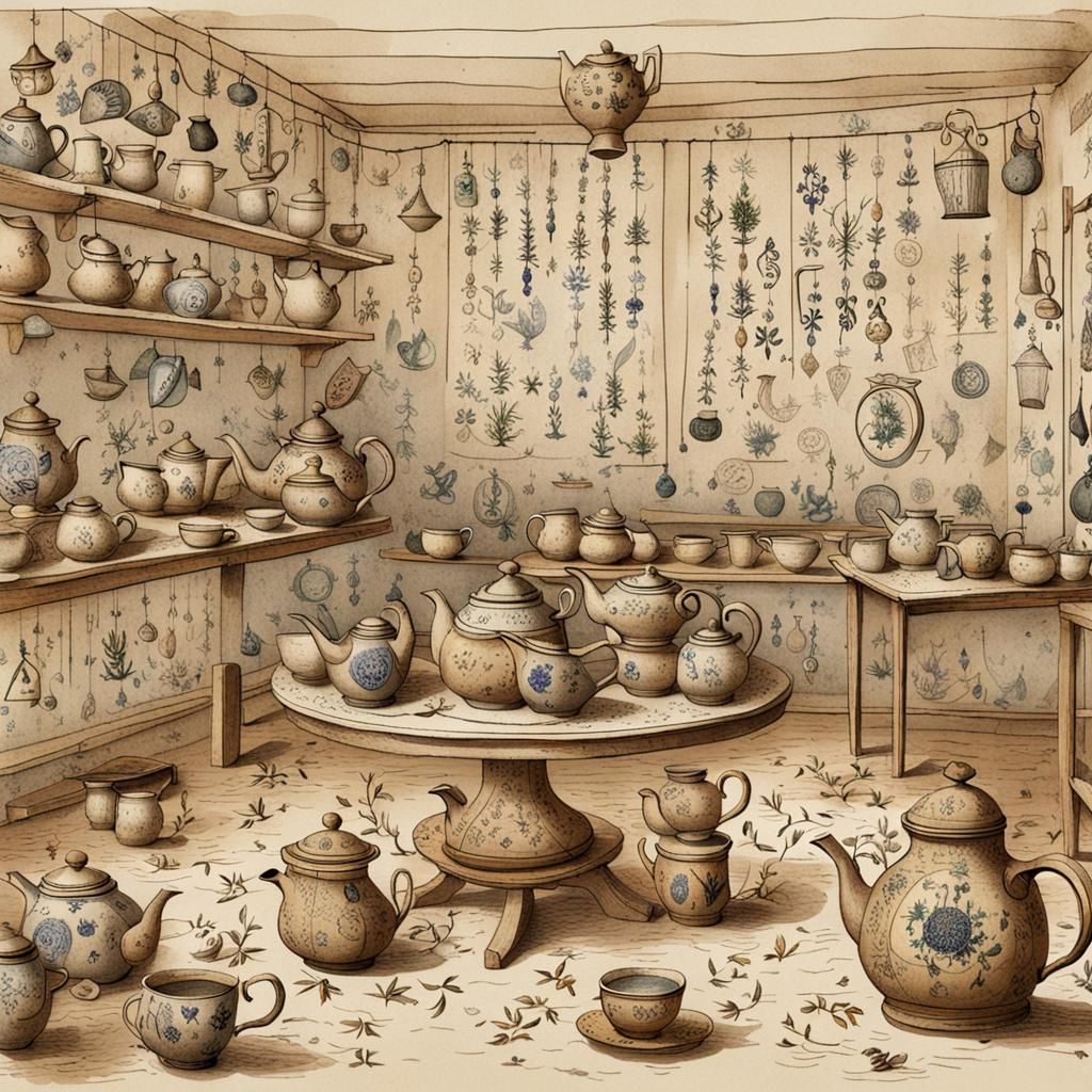 Teapots and Voynich Symbols Fill a Room