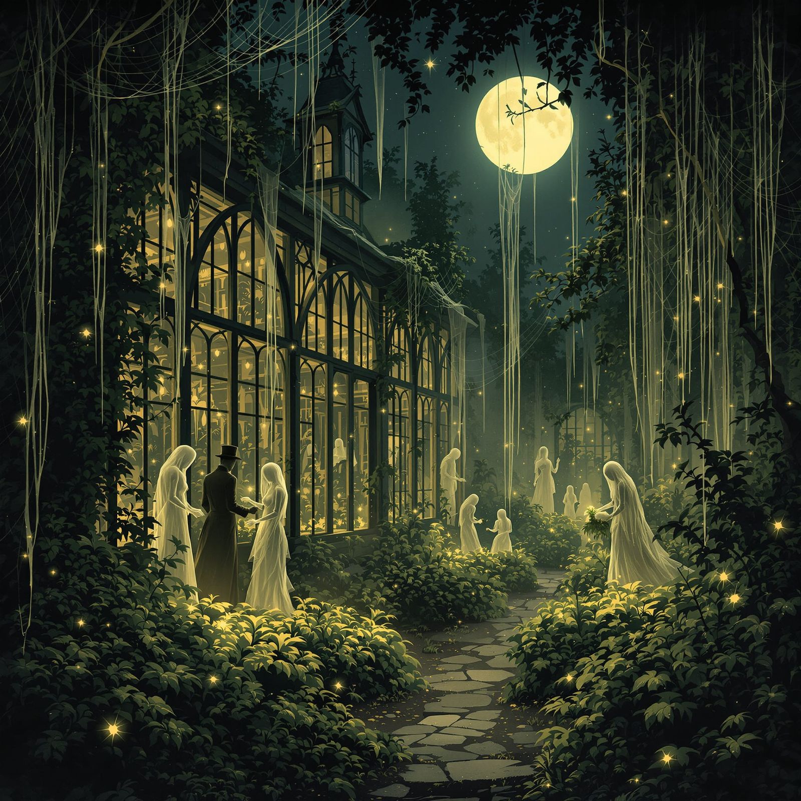 Spectral Figures in Moonlit Victorian Greenhouse
