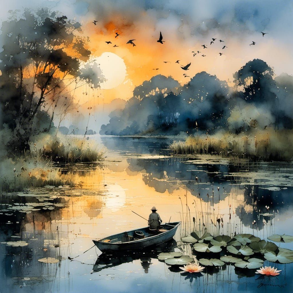 Sunset Lake with Boat in Watercolor Style