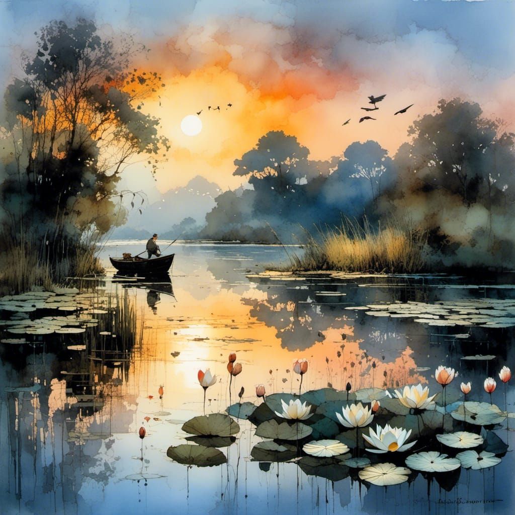 Tranquil Lake Sunset in Watercolor Style