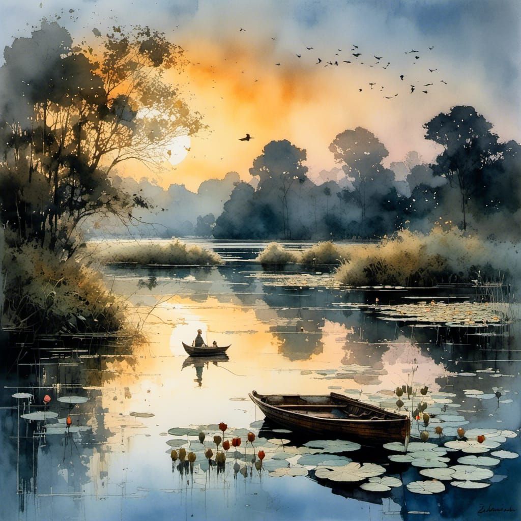 Quiet Lake Sunset with Water Lilies and Birds