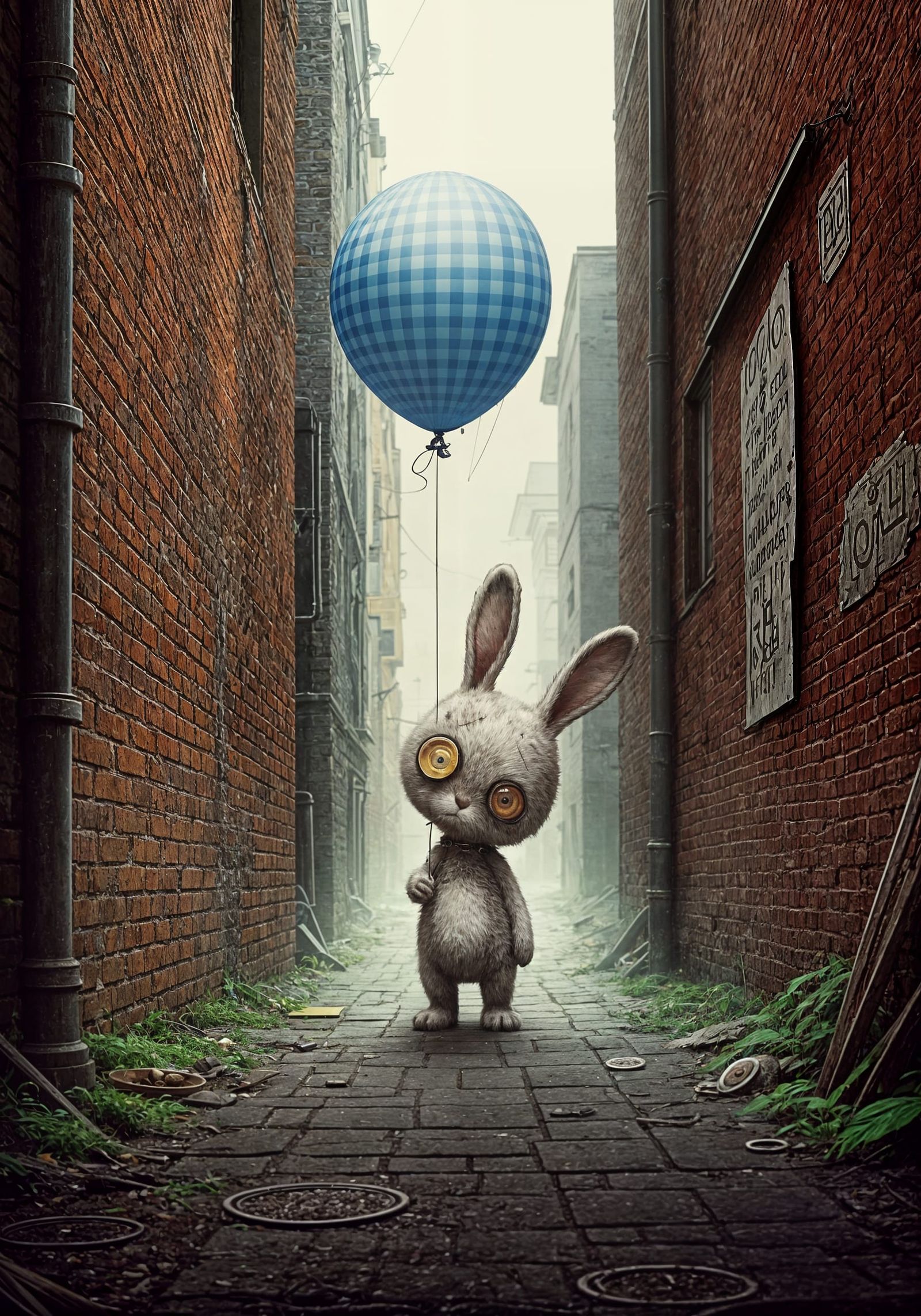 Whimsical Rabbit Zombie Holds Gingham Balloon in Forgotten A...
