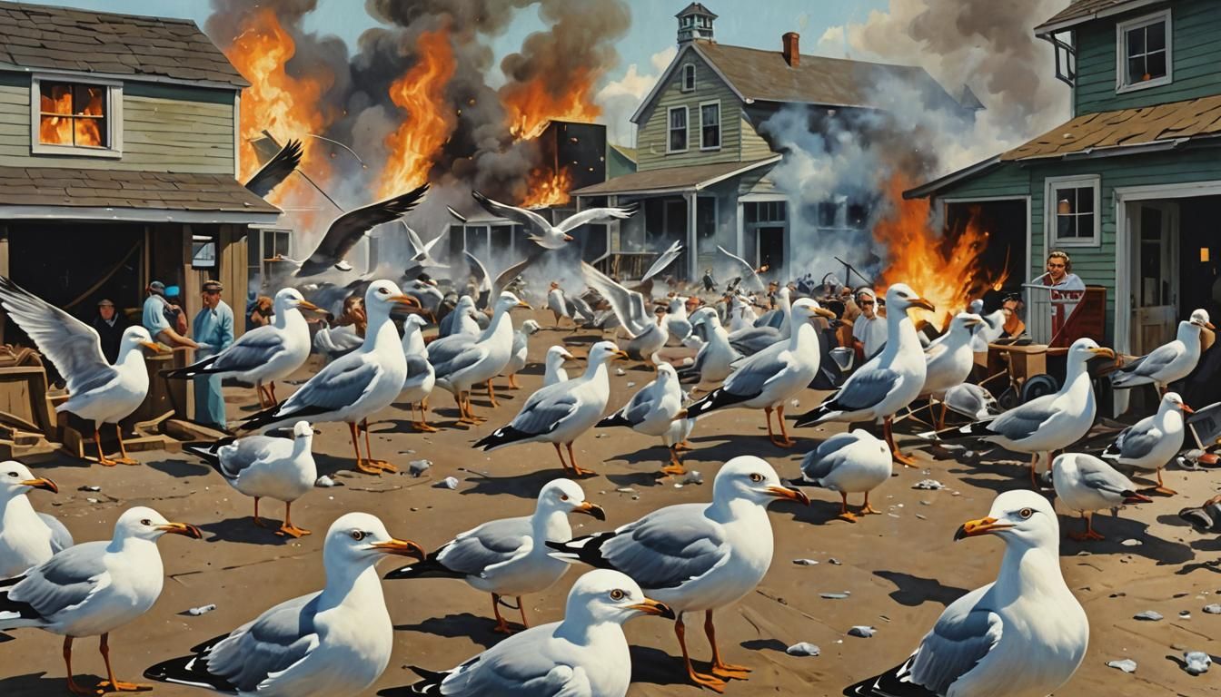 Seagull Attack in 1950s Seaside Town, Gouache Painting
