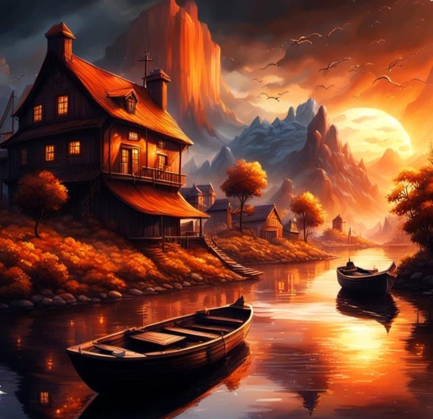 Orange Sunset Landscape in Matte Painting Style