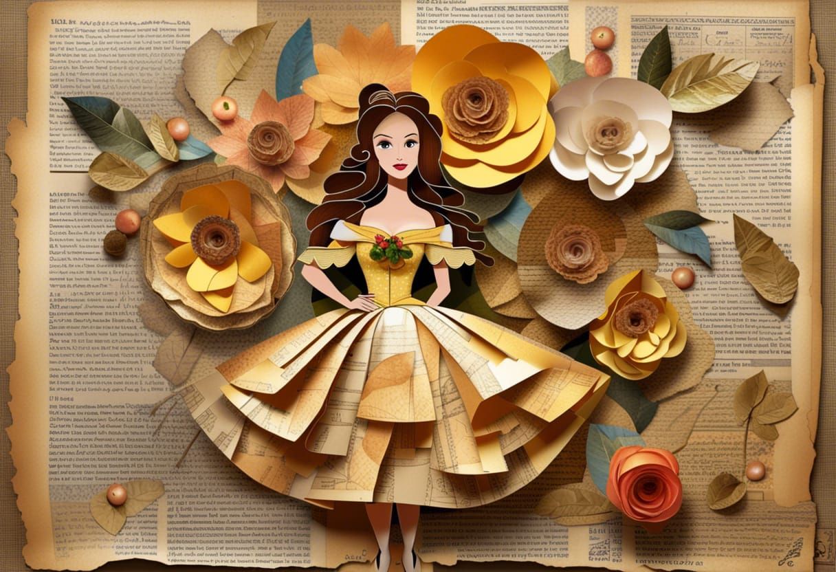 Princess Belle in Recycled Collage Art Style