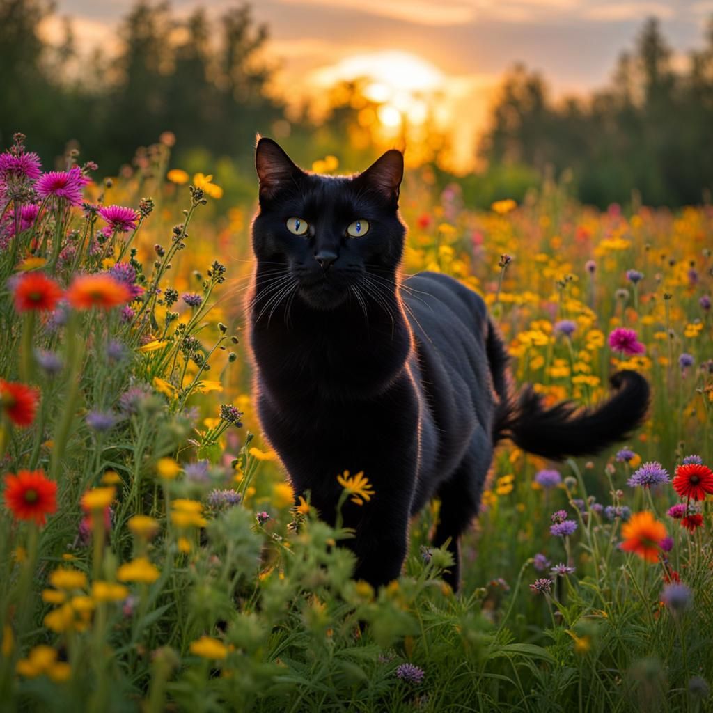 Black Cat Runs Wildflower Field at Sunrise