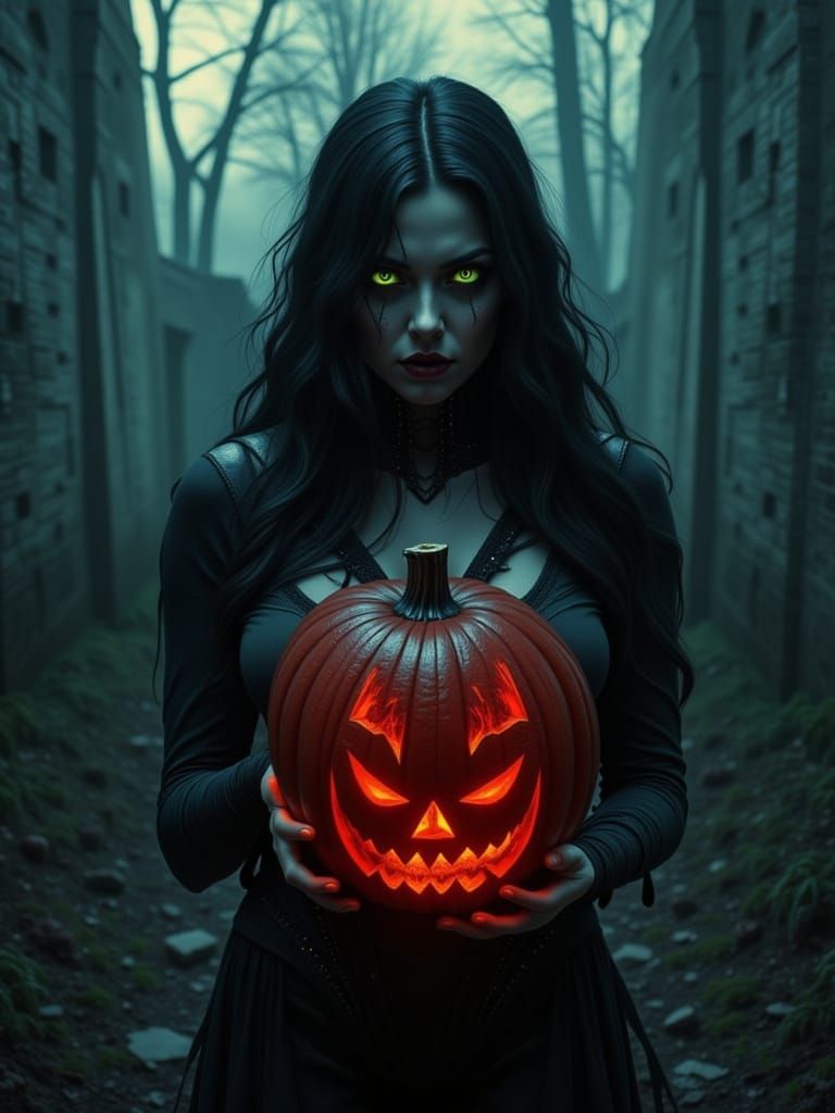 Female Demoness in Cemetery Holding Glowing Jack O'Lantern