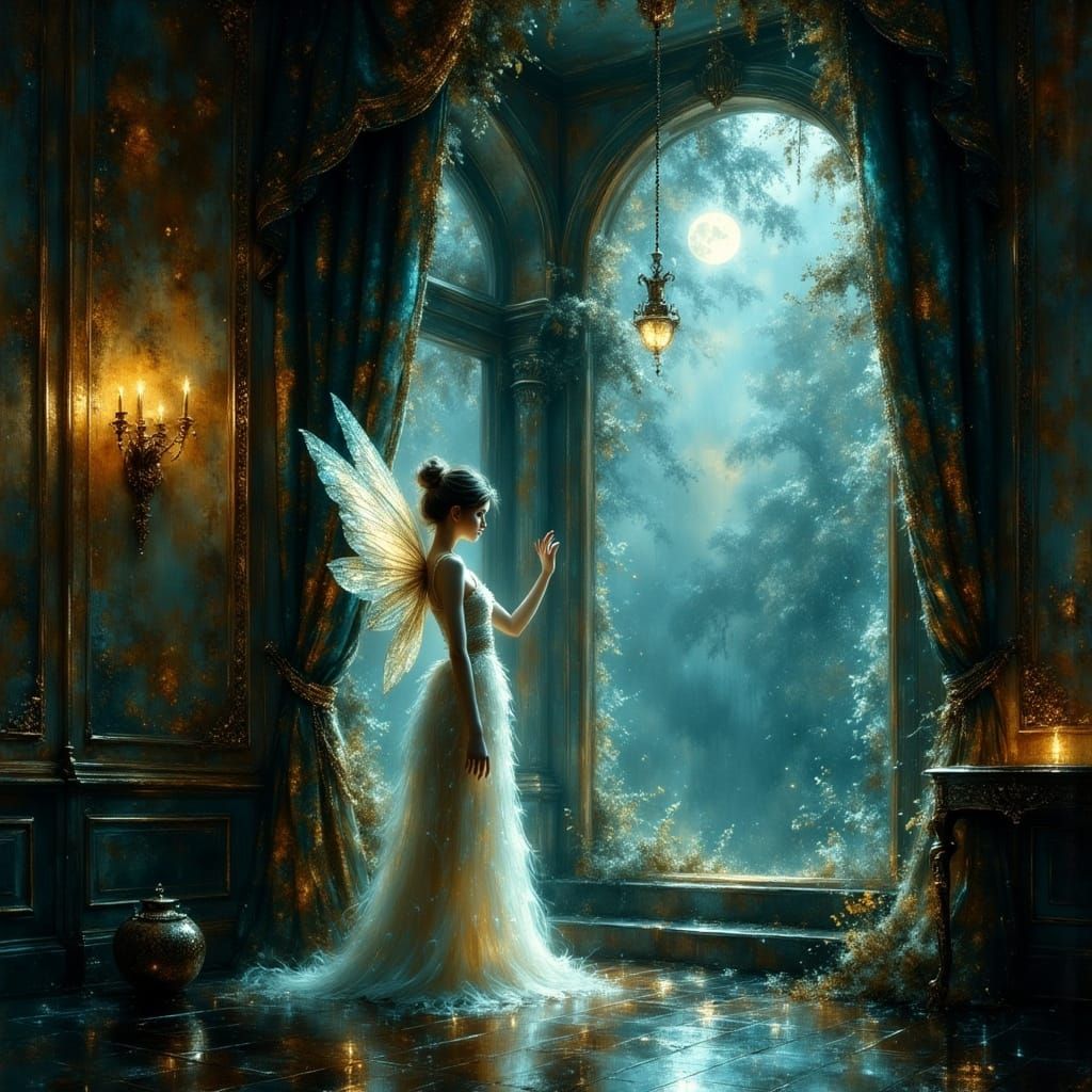 Ghostly Fairy at Victorian Window, Hyperrealistic Illustrati...
