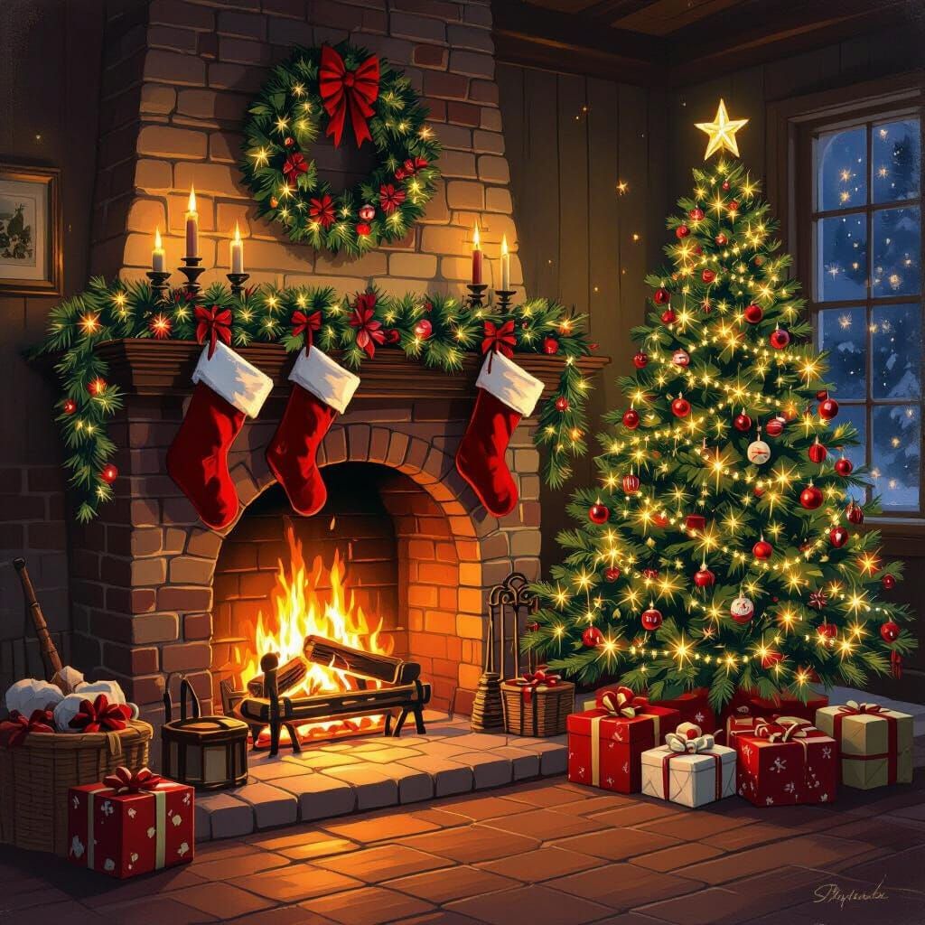 Cozy Vintage Christmas Fireplace Scene with Tree