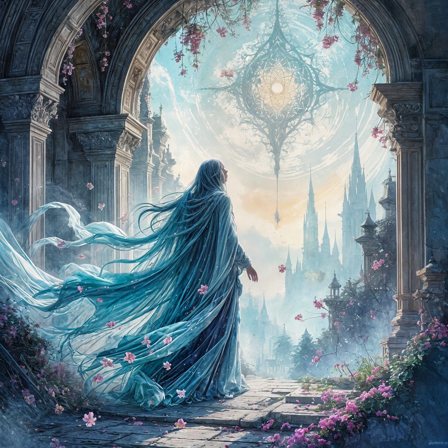 Ethereal Figure Dissolving in Dreamlike Watercolour Landscap...