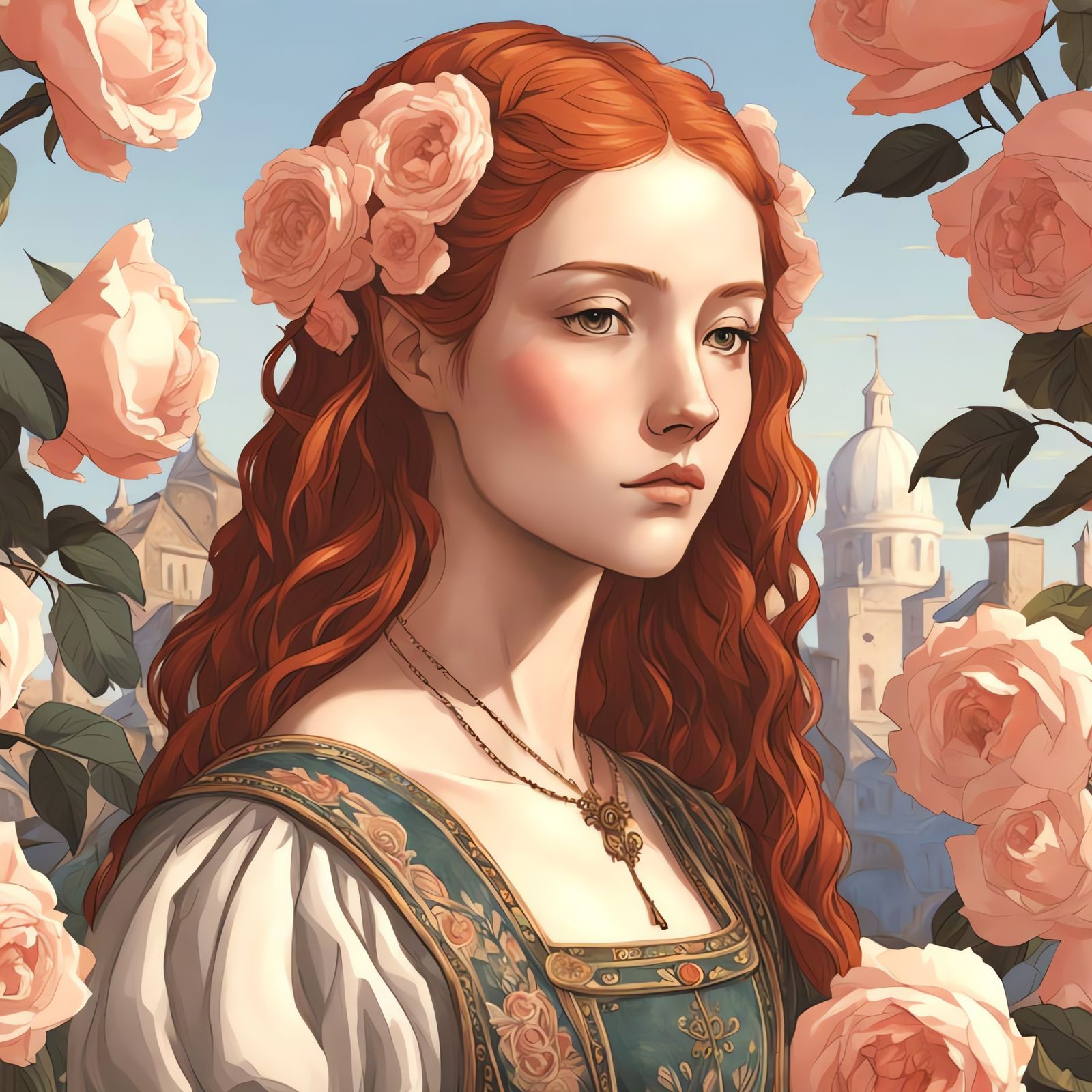 Red-Haired Girl in Renaissance Garden Portrait