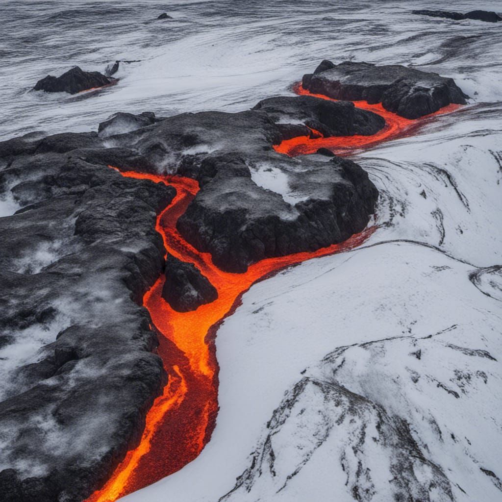 Icelandic Lava Flow Meets Snow and Sea