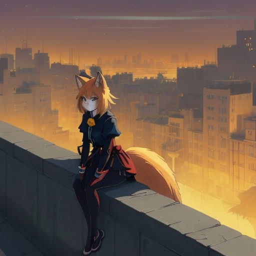 Anime Fox Girl Poses on Wall in Deep Color