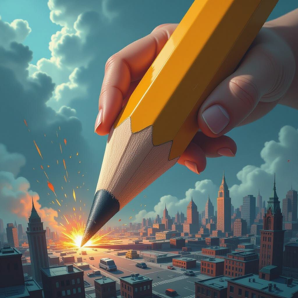Giant Pencil Threatens Miniature Cityscape Under Dramatic Li...