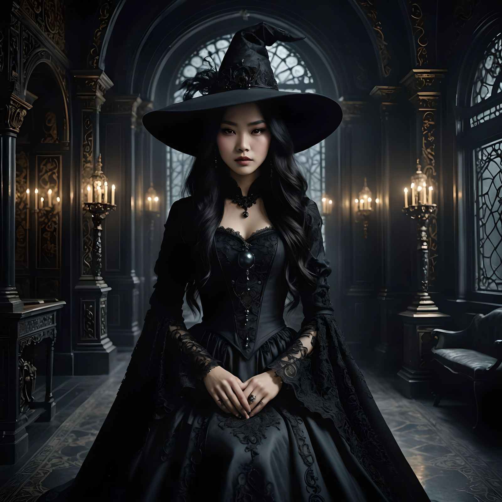 Enchanting Asian Witch in Gothic Dress