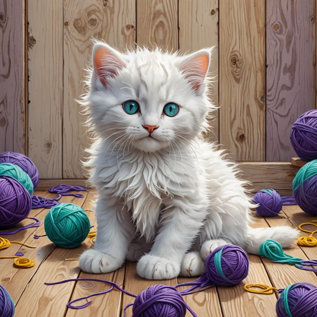 Kitten Tangled in Yarn: Watercolor and Hyperrealism