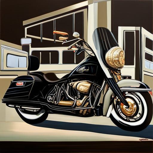 Black and Gold Harley at Diner, Edward Hopper Style