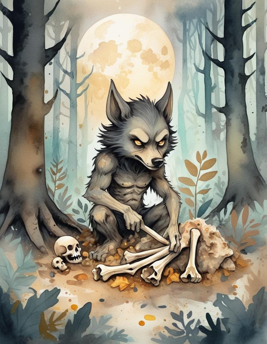 Chibi Werewolf Buries Bones in Misty Forest